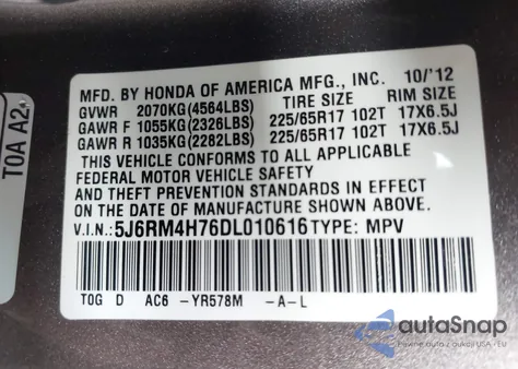 2013 Honda Cr-V Ex-L from USA, damaged, VIN 5J6RM4H76DL010616